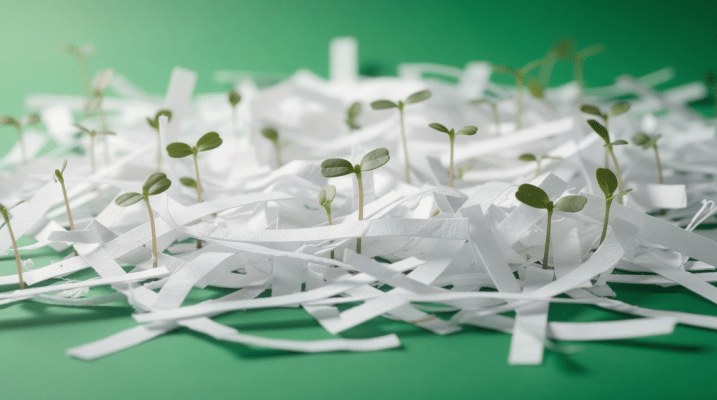 Tiny green sprouts are growing out of a small pile of shredded white paper.