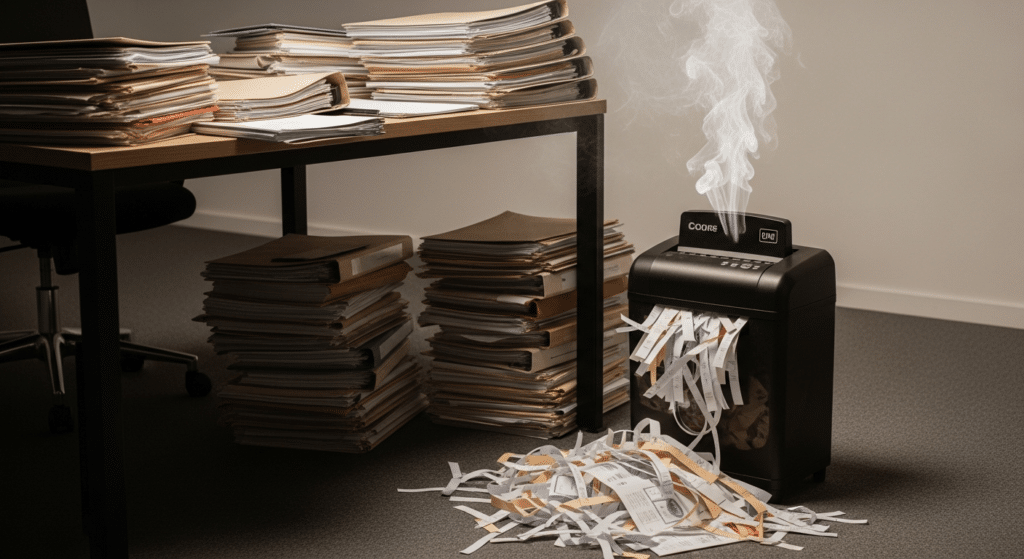 A small office shredding machine is smoking as it's overloaded with shredded paper.